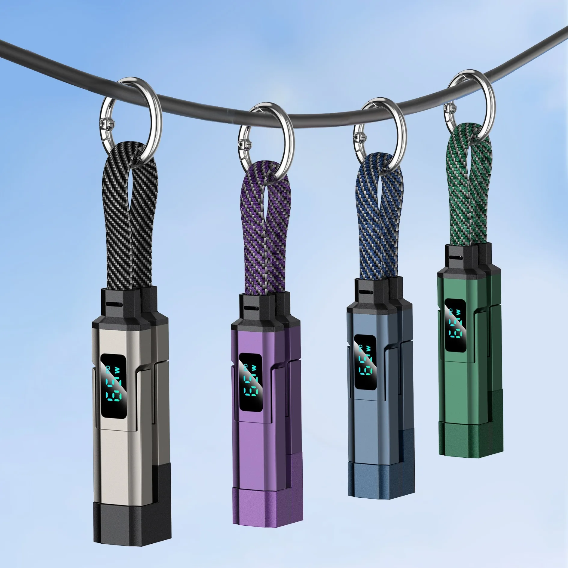 4 in 1 Nylon Braided Keychain Charging Cable 65W Fast Charging 0.2M Short Data Cable With Power Display Portable Customizable