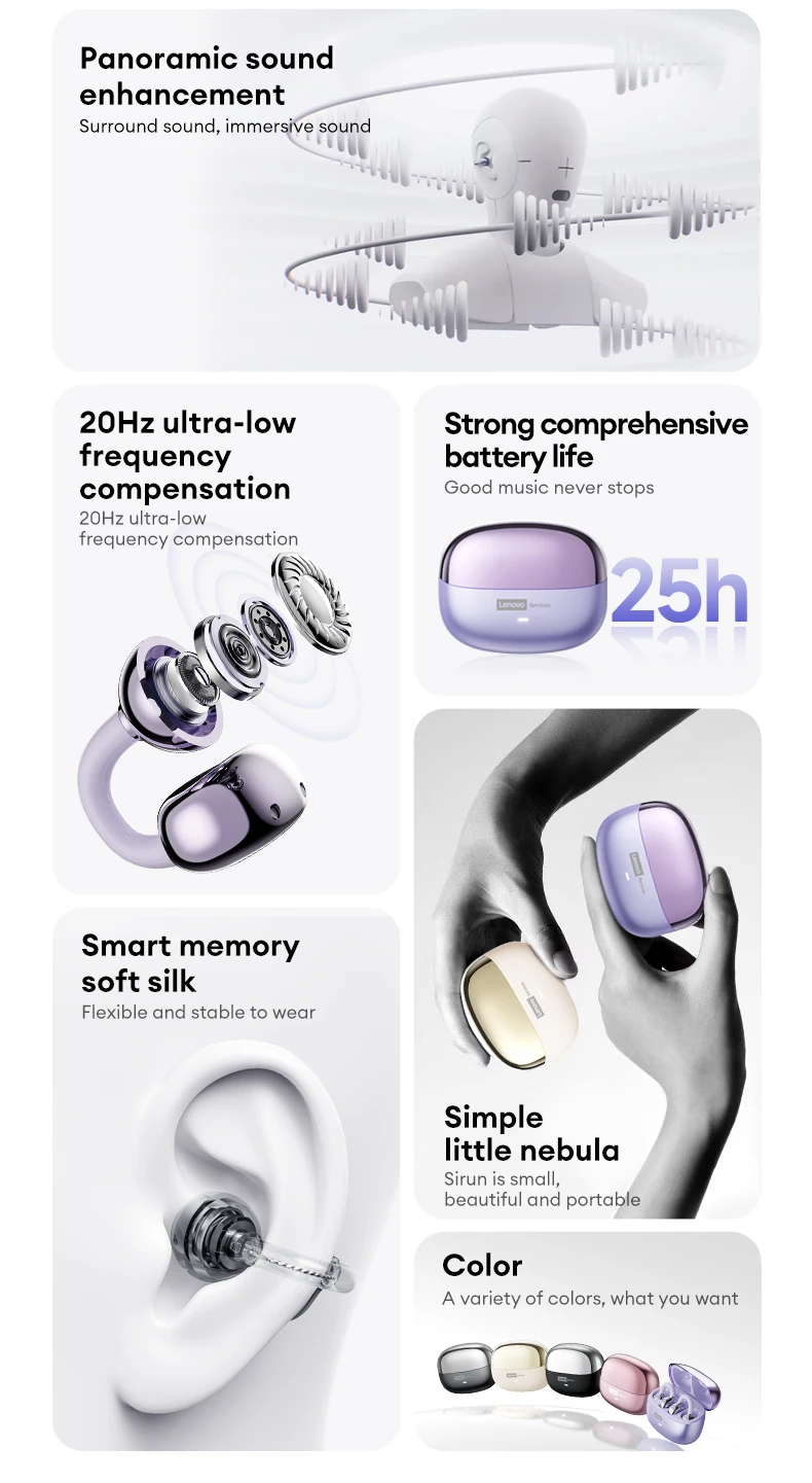 Original Lenovo LE302 Wireless Ear-Clip New BT 6.0 Earphones HIFI Stereo Music Call  Earbuds Long Batter Headphones