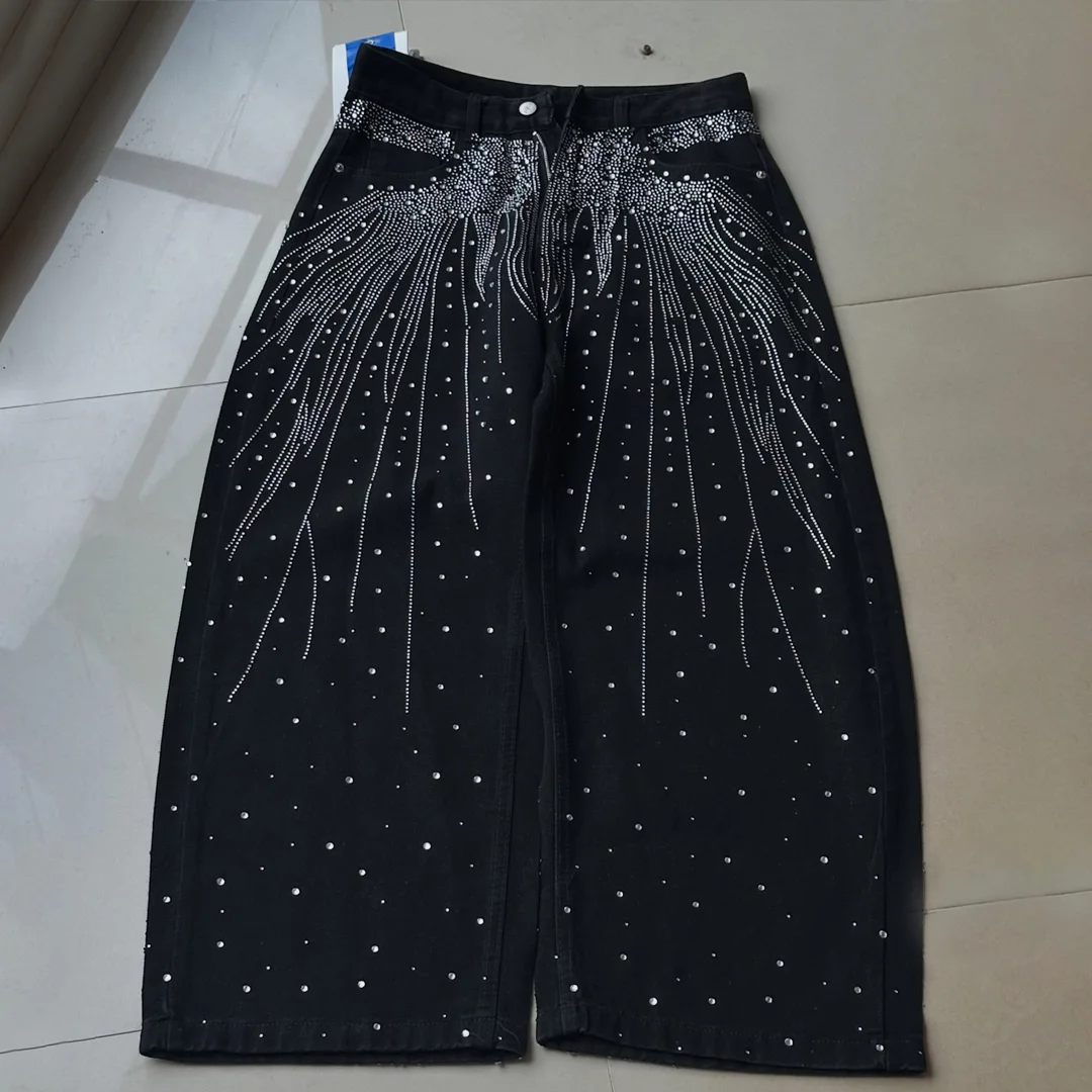 Marka streetwear – spersonalizowane dżinsy w stylu vintage z kryształkami, o szerokich nogawkach, 100% bawełna, luźne, oversize, męskie spodnie dżinsowe w stylu high street, produkcja OEM