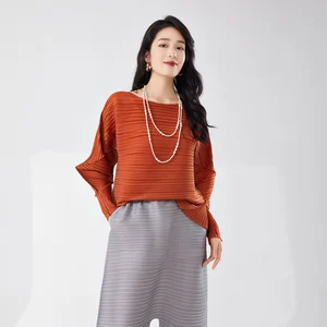 Miyake Pleated Women's Loose Casual Style Long-Sleeved T-Shirt Stretch Design Pleated Tops Summer Blouse