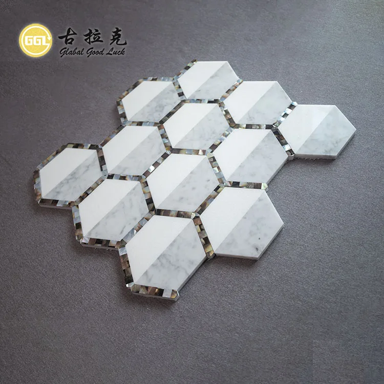 Hexagon Shape Thassos White Marble Mix Shell Waterjet Mosaic Tiles