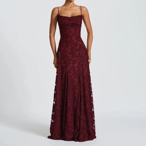 ZYHT 73487 Spaghetti Strap Floor-Length Elegant Evening Gown Sexy Backless Flower Floral Lace Prom Pleated Party Dress for Women