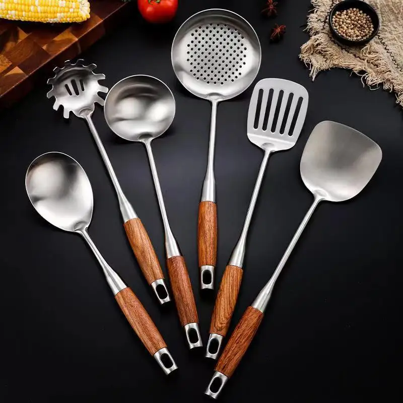 Cooking Utensil Set 304 Stainless Steel Kitchen Utensils With Wood Handle 6 Pieces Kitchen Stainless Steel Cookware Set Utensils