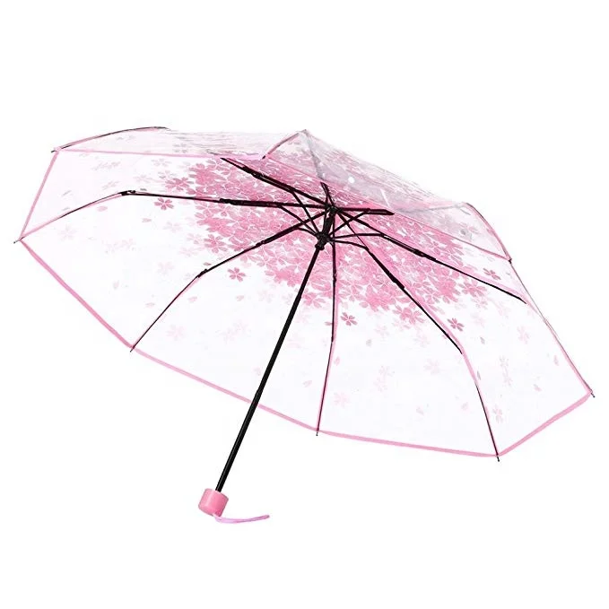 High Quality 3 Fold Transparent clear Folding Umbrella with Sakura Cherry Flower Printing on the Top