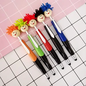 Custom Logo Printed 1.0mm Sports Ballpoint Pen Cute Cartoon Smile Face Cleaning Topper Mop Head Creative Plastic Plush Doll Cute