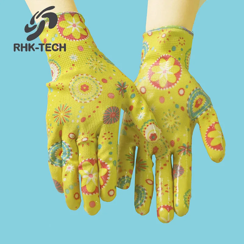 Rhk 2023 New Custom Wholesale Women Gardening Nitrile Coated Floral Printed Safety Garden Gloves