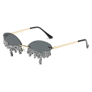 2024 Elegant Drama New Angel Tears Hand-Diamond Encrusted Pink Rimless Cut Edge Sunglasses Fashionable Glass Lens Sun Glasses