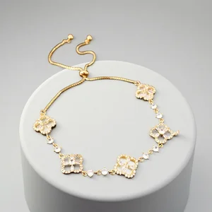 Women's Fashion Chain & Link Bracelets Gold Plated Copper 4 Four Leaf Clover Bracelet Zircon Natural Shell