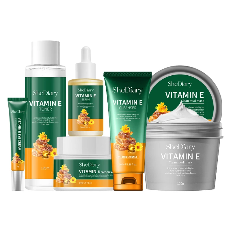 OEM SheDiary Moisturizing Relieving Skin Dehydration Vitamin E Face Cream Serum Eye Cream Cleanser Toner Clay Mask Skin Care Set