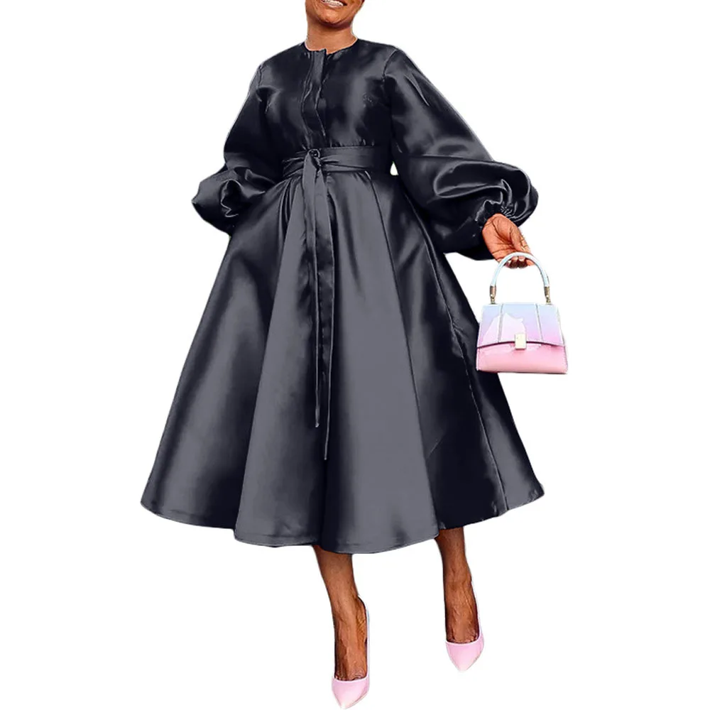 Black Long Sleeve Satin Maxi Dress With Belt Button, Flowy Oem
