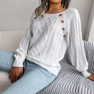 New Women's Casual square Neck Button-up Long Sleeve Knit Sweater for Autumn and Winter