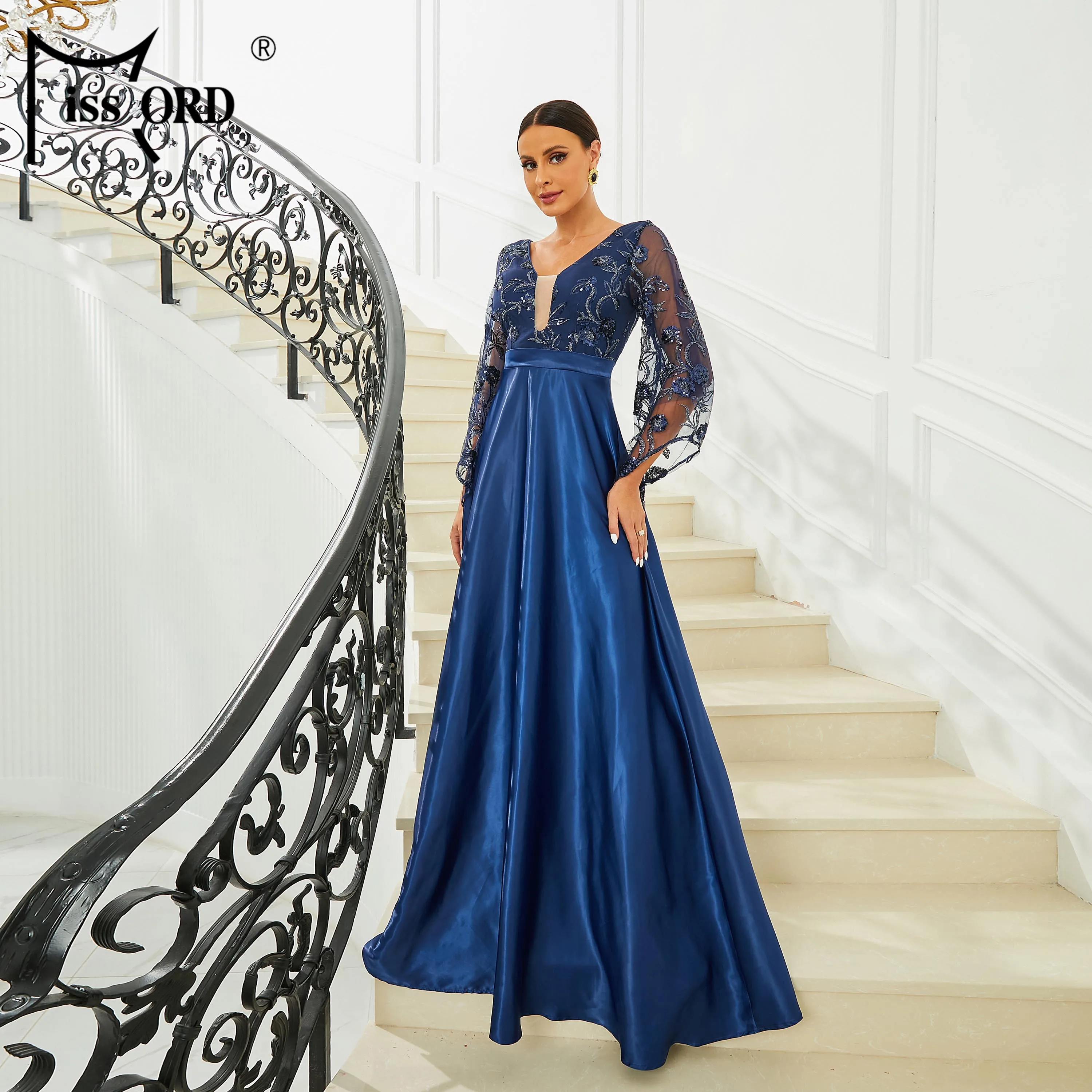 silver grey long evening dress ever LUENA|Sexy V Neck Sequin Evening Dresses with 3/4 Sleeve main image 0