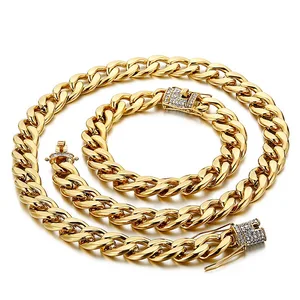 OEM High Polish Stainless Steel Men's Necklace with CZ Clasp Gold Plated Cuban Chain Hip Hop Style Zircon Stone Gift Jewelry