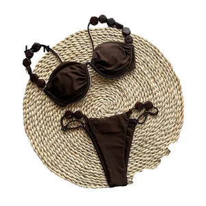 Customized Women's Sexy Beachwear Bikini Sets Plus Size High Cut Thongs with Animal Print and Tie Briefs with Fabric Features