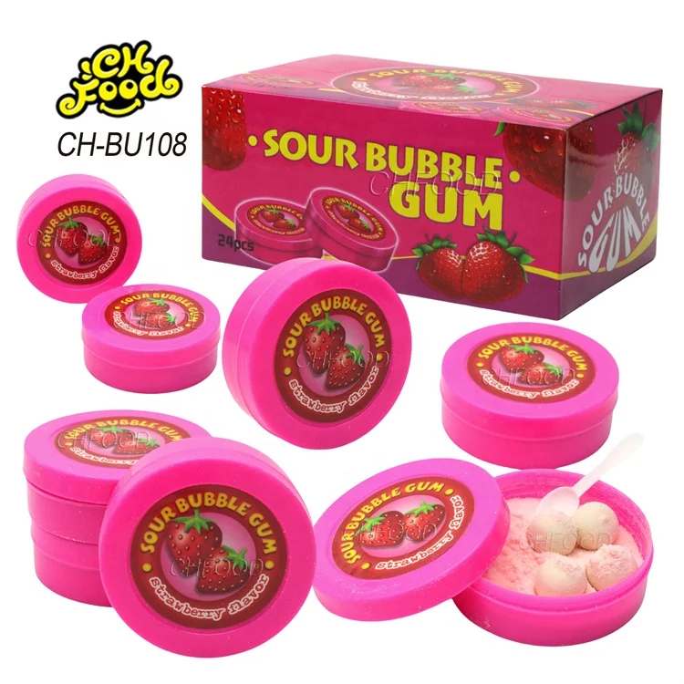 Hot Selling Strawberry Ball Shape Fruit Flavor Bubble Gum With Sour Powder Candy Sweets OEM Chewing Gum For Kids