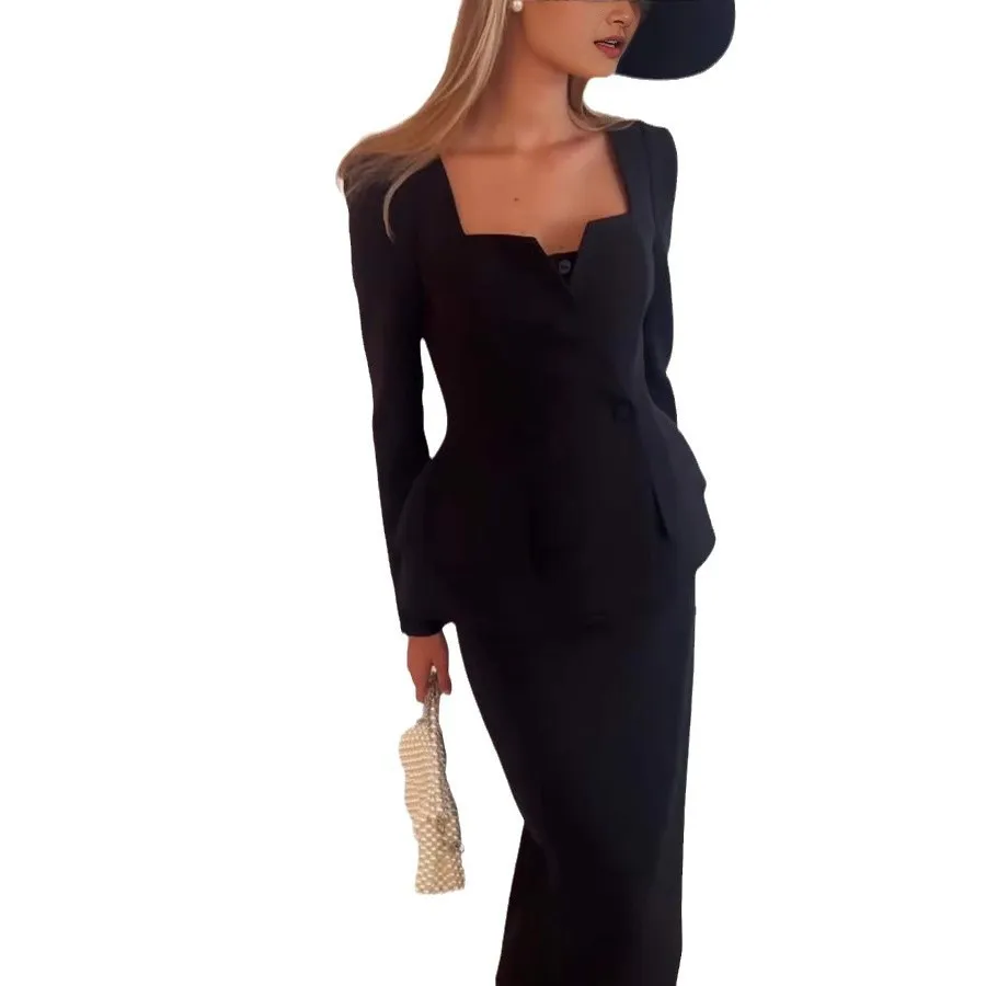 S-2XL Wholesale Elegant Women's Suit Dress Sets in Pure Colors with square Necks High-quality Luxurious Floor-length Dress Sets