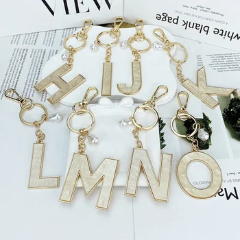 New Style Metal Resin Letters Car Bag Phone Holder Key Chain 26 English Letters Imitation Shell Pearl Charm Keychains