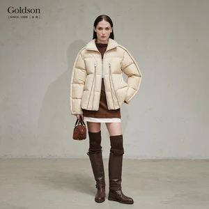 Women's Short Light Khaki Loose-Fit Down Jacket with Stand Collar Waterproof Windproof Warm Winter Logo Nylon Lining