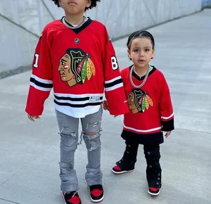 OEM Customized Knit Print Embroidered 100% Cotton Jerseys Team Uniform Long Sleeve and Custom Denim Pants Sportswear Tracksuit