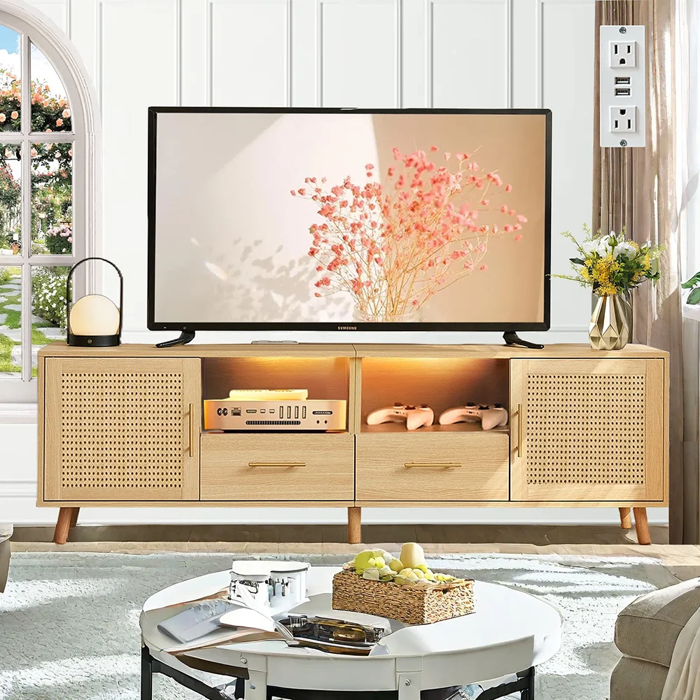 Large Modern MDF TV Stand 75\" LED Light Charging Station Coastal Media Console Rattan Door Multimedia Storage Furniture 2 factory