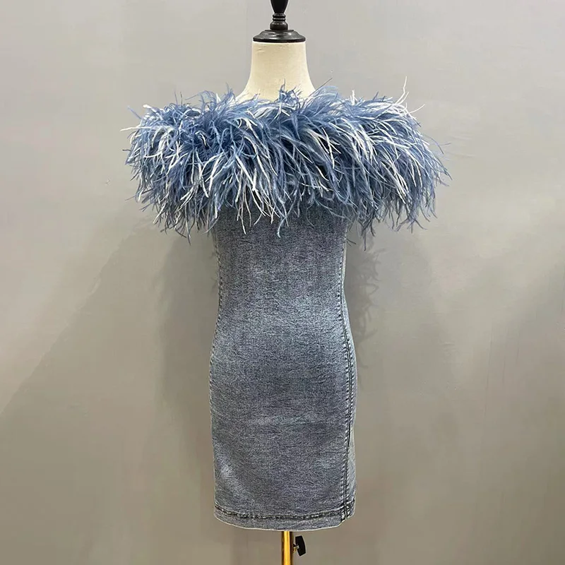 white christmas dresses CHIC AF DENIM MINI DRESS WITH FEATHERS – AKIRA
