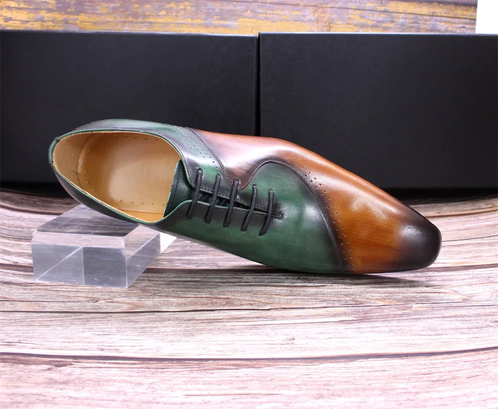 Pointed Toe Green Leather Shoes Lace Up 
