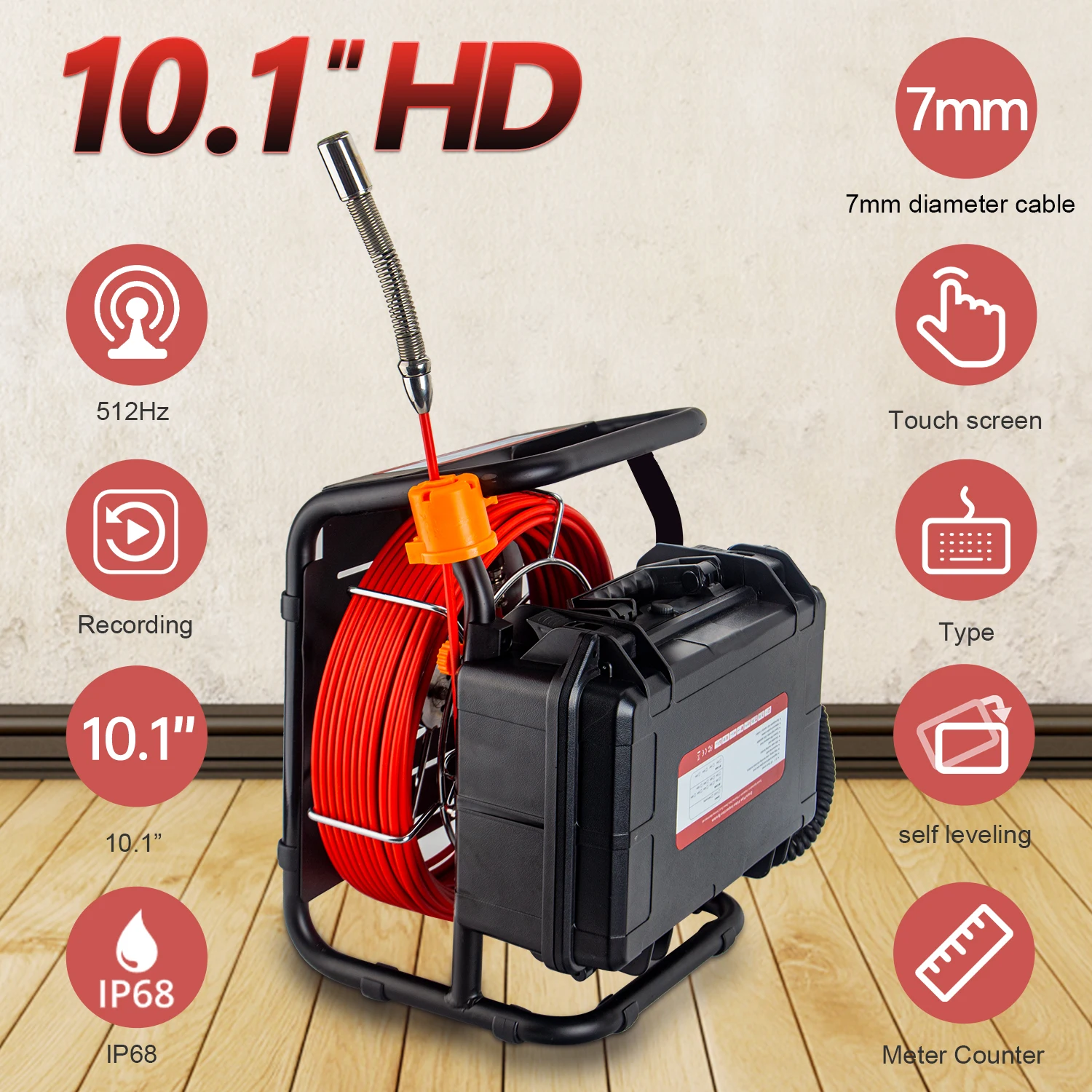 Sewer Inspcetion Camera 512HZ Sonde/Transmitter+Locator/Receiver, Drain Camera with 10.1inch 1080P Touch Screen Meter Counter 16GB Audio+Video for Pipes Inspection details