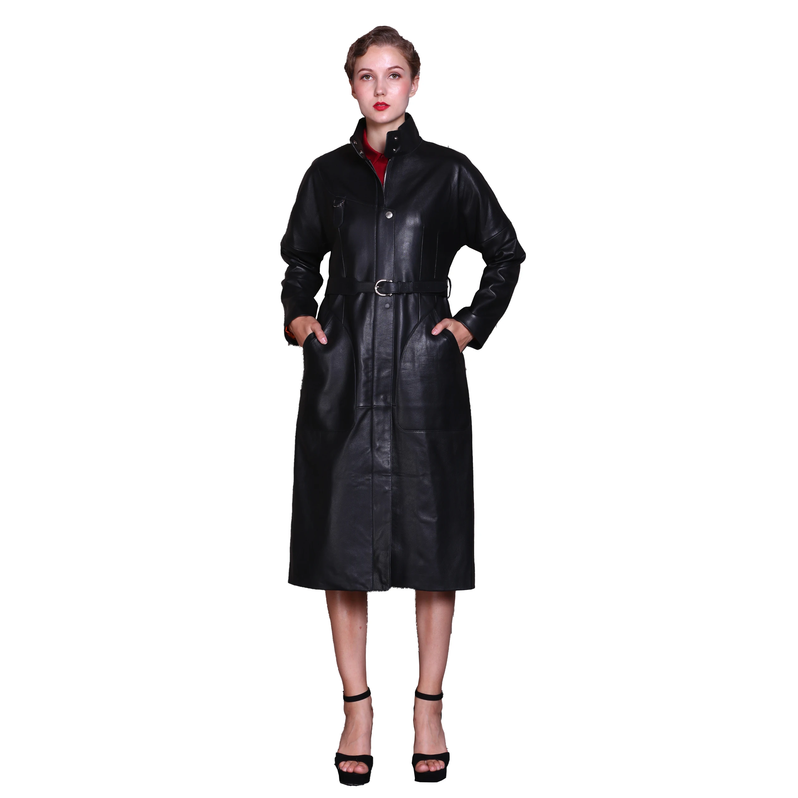 OEM factory direct customized ladies long leather coat with belt, waist and collar