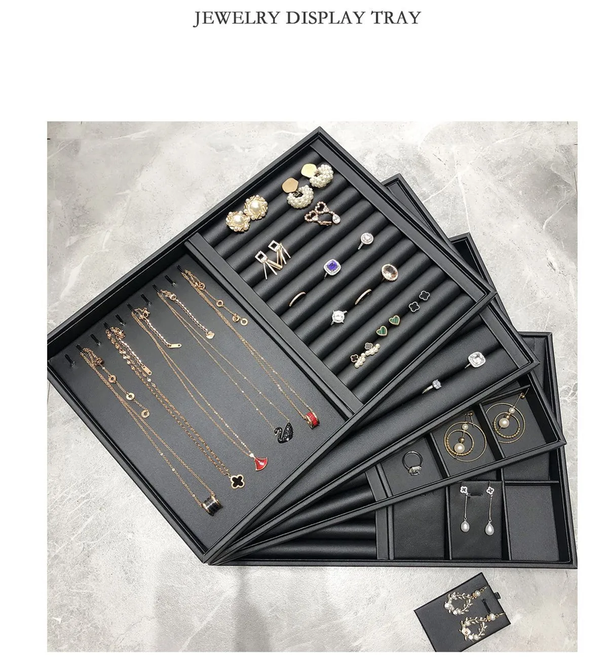 Luxury Black Leather Jewelry Display Tray For Counter Display Pu
