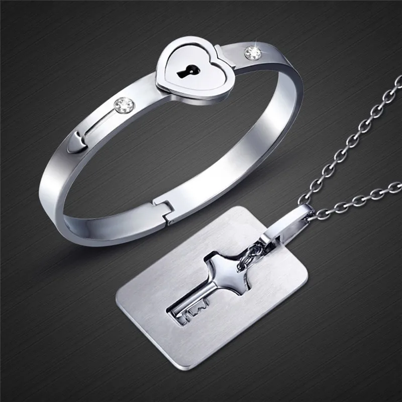 New! Fashion Stainless Steel Lock/Key Necklace w/ Bracelet Set – C