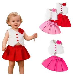 2026 Summer Girls Outfit 3D Flower Vest Pleated Bow Skirt Two Piece High Quality Children Clothing Wholesale Korean Kids Clothes