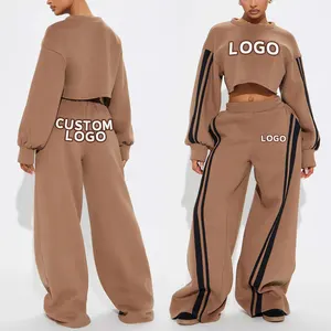 Huili Oem 100% Cotton Two Piece Activewear Custom Baggy Sweatpants & O Neck Cropped Top Tracksuit Women s Hoodies Sweatshirts