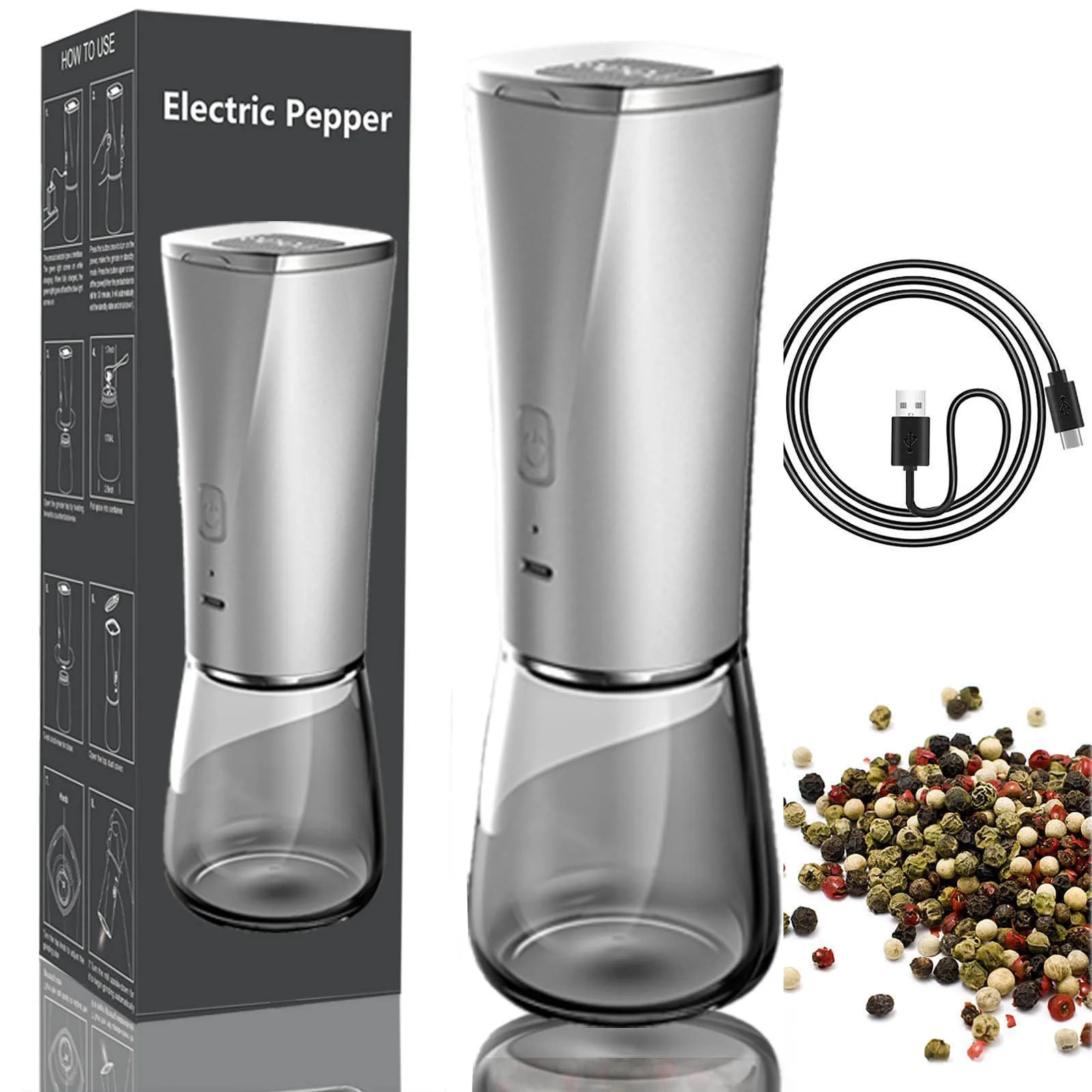 BEEMAN Electric Salt and Pepper Grinder USB Rechargeable Salt and