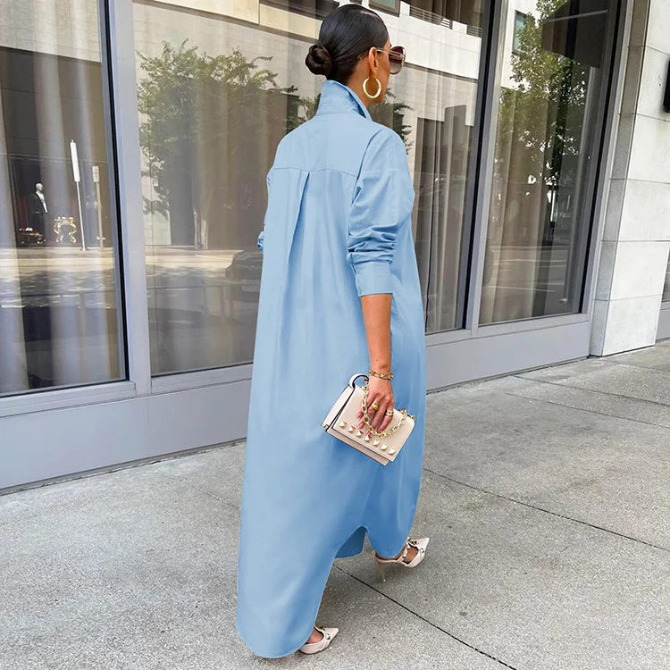 princess polly baby blue dress S-2XL New Luxury Designer Solid Chiffon Shirt Long Dress Elegant Young  Casual Fashion Full Sleeve Women Straight Dress