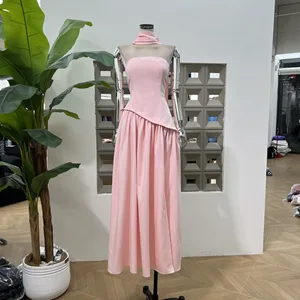 New Hot Selling 2026 Luxury Backless Strapless Slit Floor-length pink Dress Shawl High Waist Tight Elegant Party Dress