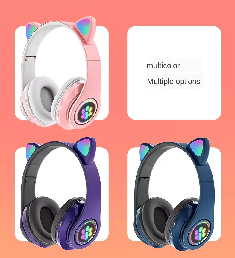 B39 Headsets Women Kids Children Cute Cat Ear Headphones Headset LED Glowing Foldable Cat Ear BT5.0 Earphone Wireless Headphones - ANKUX.COM