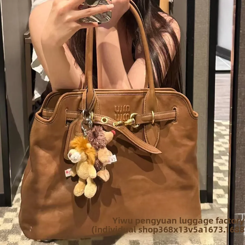 MIUs Genuine Leather Large-Capacity Practical Vintage Tote Bag Handheld Briefcase-Style Underarm Bag European-American Retro