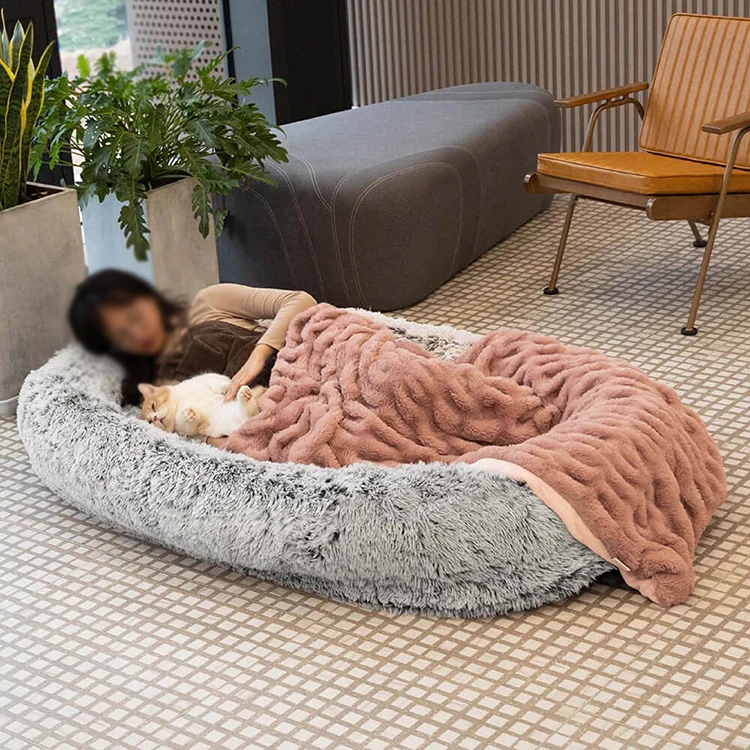 New Version Fluffy Large Dog Bed Human Anti Anxiety Warm Sleeping Round Bolster Human Size Dog
