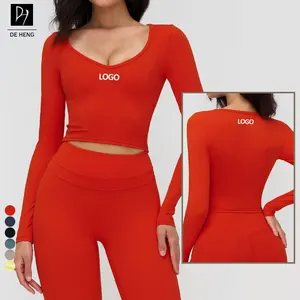 New Plus Size Women V-Neck Yoga Top Tight Fitness Yoga Tops Deportivos Para Mujer Long Sleeve Women Running T-Shirts Tops