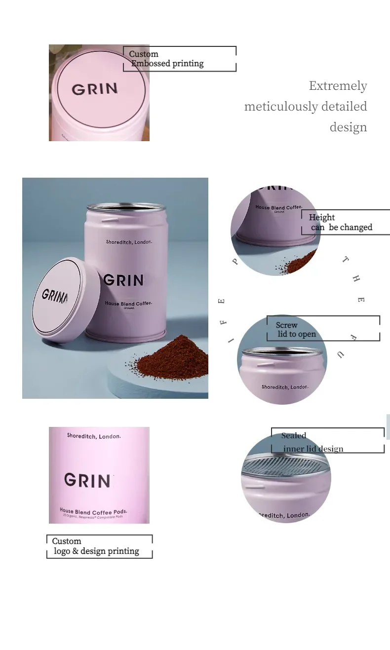 Custom emboss pink food grade tea powder tin cylinder coffee tea jar airtight packaging round metal tea tin canister details