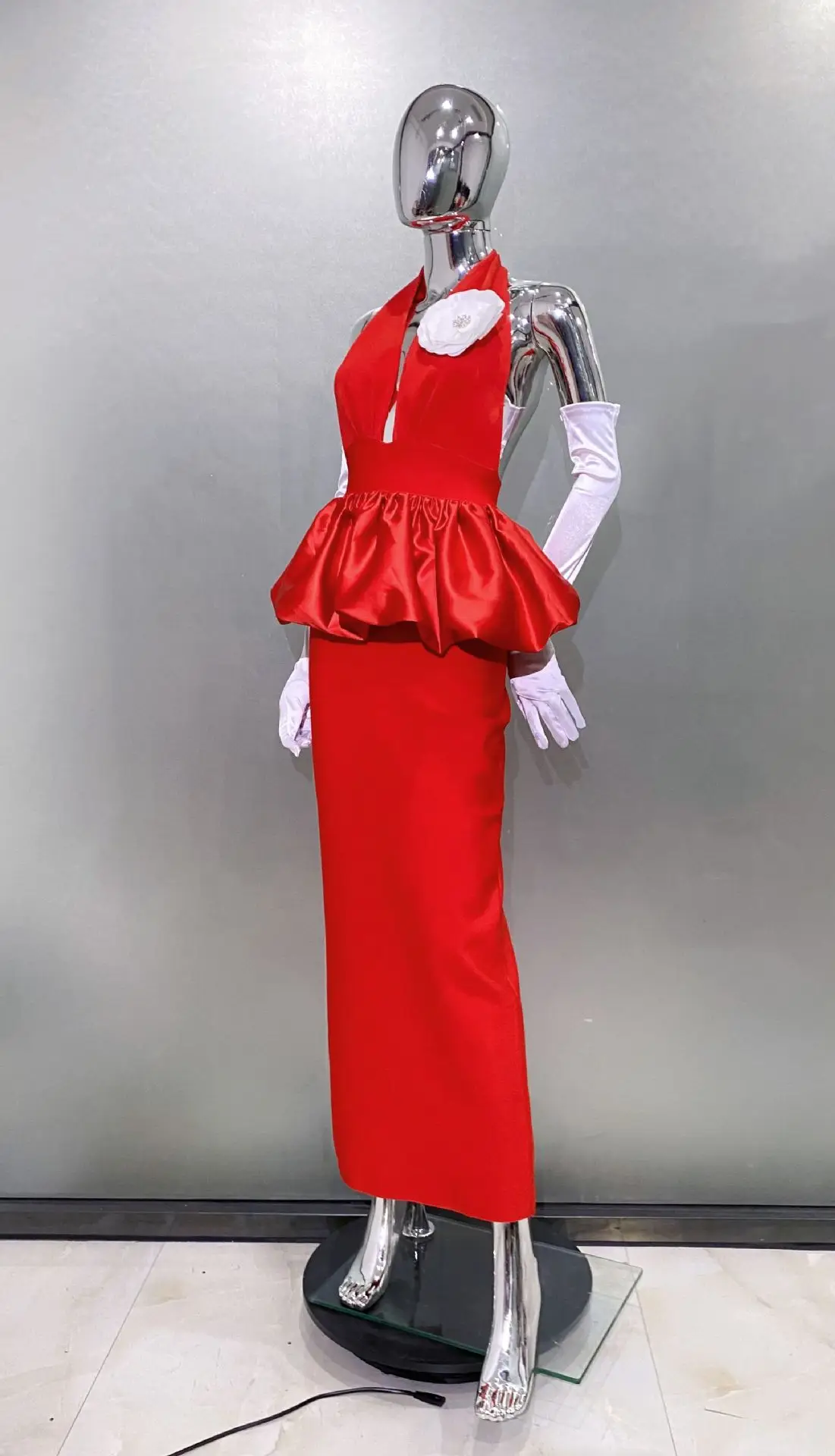 open lace back dress Red White Women Long Sleeve Sexy Lace Draped Bodycon Mini Dress Gloves Nightclub Party Celebrate Birthday Dress Red / S main image 1
