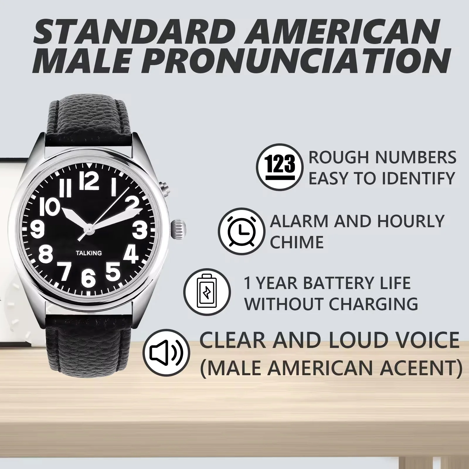 RUNCAR Herren Englisch sprechende Uhr mit Uhrzeit, Datum oder
