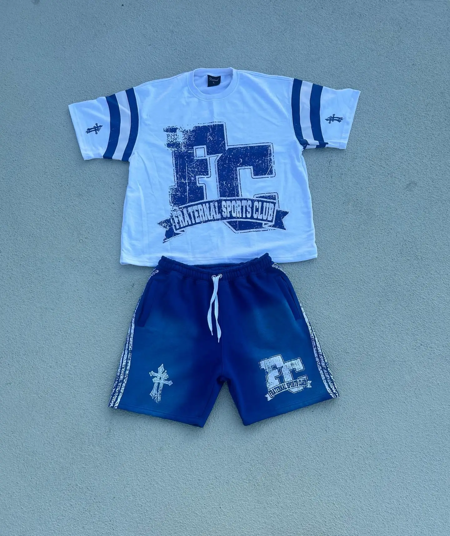 Custom Two Piece Rhinestone Screen Print Cotton Acid Wash Sun Faded T Shirt and Distressed Side Stripe Sweat Shorts Sets for Men gallery 4