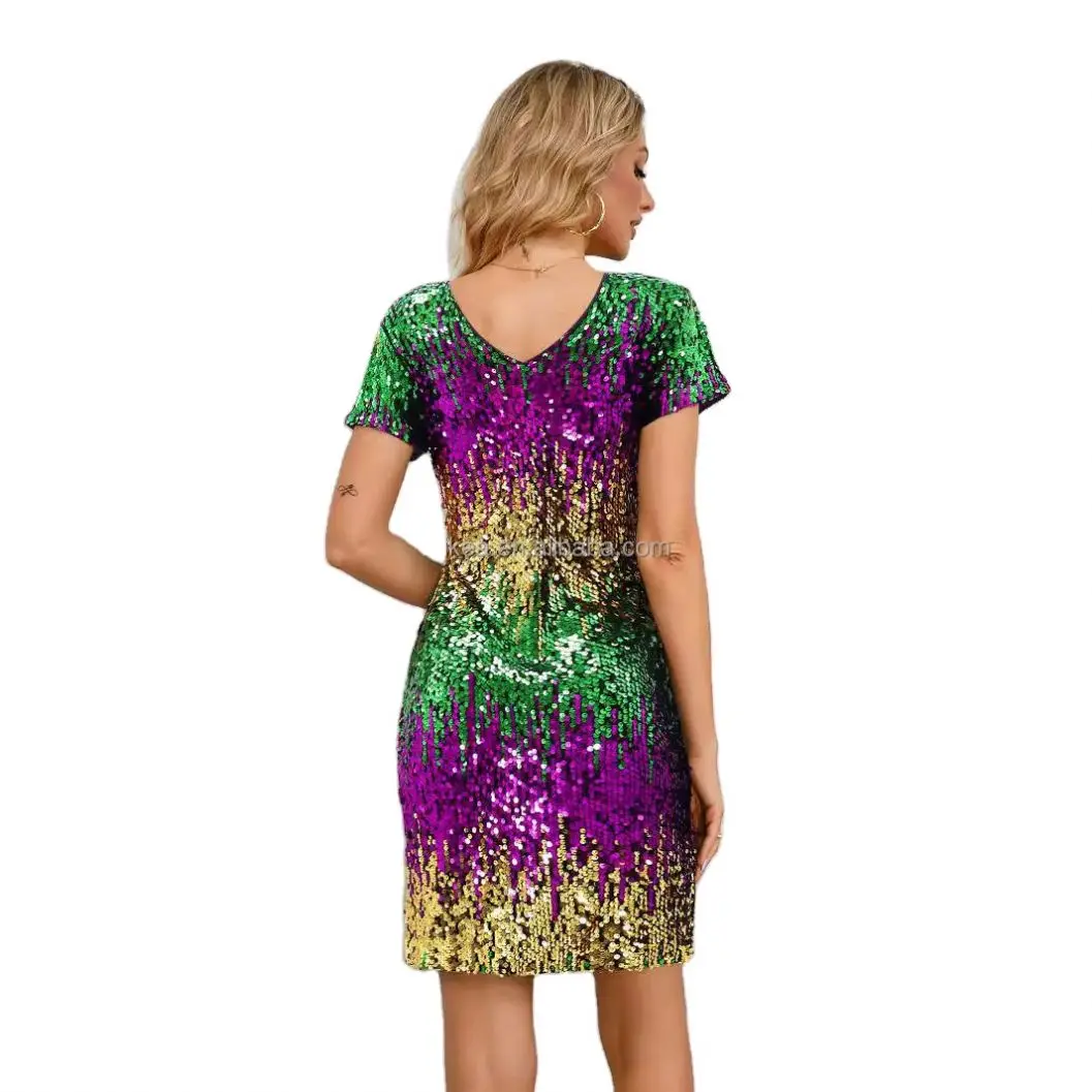 Party Decoration Mardi Gras Short Sleeves Clothing Apparel Mardi Gras  Sequin Dresses Purple Green Gold Dresses Outfit for Women