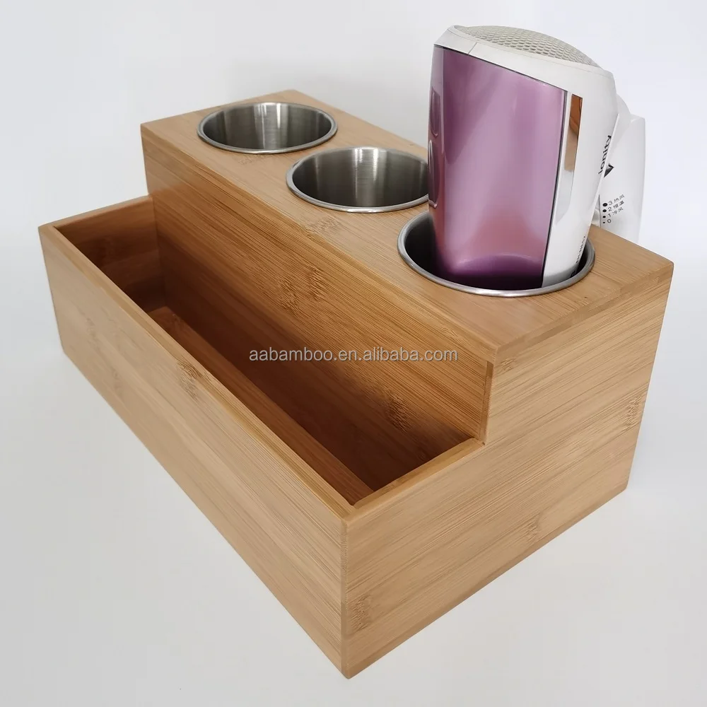 Multifunctional Bamboo Wooden Hair Tool Organizer Blow Dryer Holder