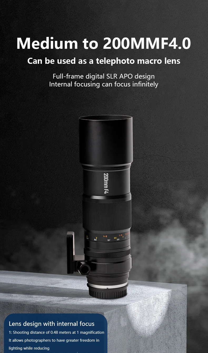 ZHONGYI OPTIONS 200mm F4.0 Full Frame Macro Lens for Canon RF Nikon Z/F Sony E Fujifilm G/X Canon EF mount Camera