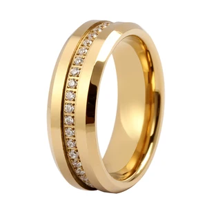 8mm Men's Yellow Gold Tungsten Wedding Band Eternity Ring Cubic Zirconia Comfort-Fit