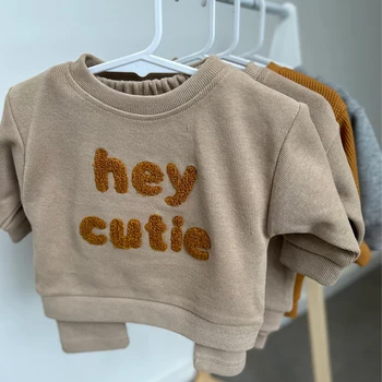 Monogrammed autumn winter long sleeve baby clothing set cotton pullover 2pcs top and pant kids boys girls outfits
