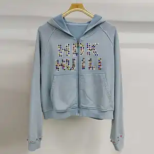 Huili Manufacturer Custom Logo Print Zip up Jacket 460gsm French Terry Heavytweight Blue Crop Top Women's Y2K Crystal Hoodie