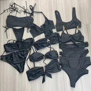 Black Reversible Breathable Plus 2 Piece Swimsuit Tummy Control Eco-Friendly Spandex/Polyester Fabric Halter Neck Brazilian